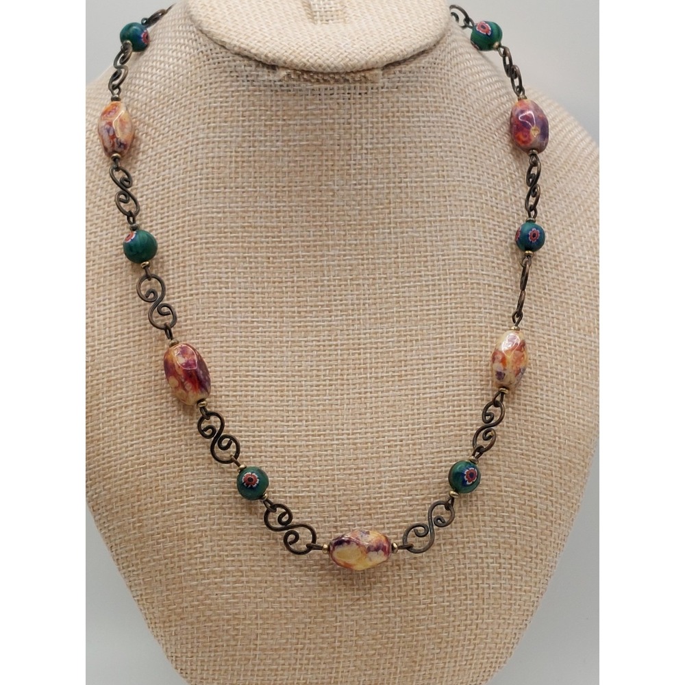1970s Millefiori Glass Bead Necklace  Boho Artisan Floral Romantic Vintage Retro